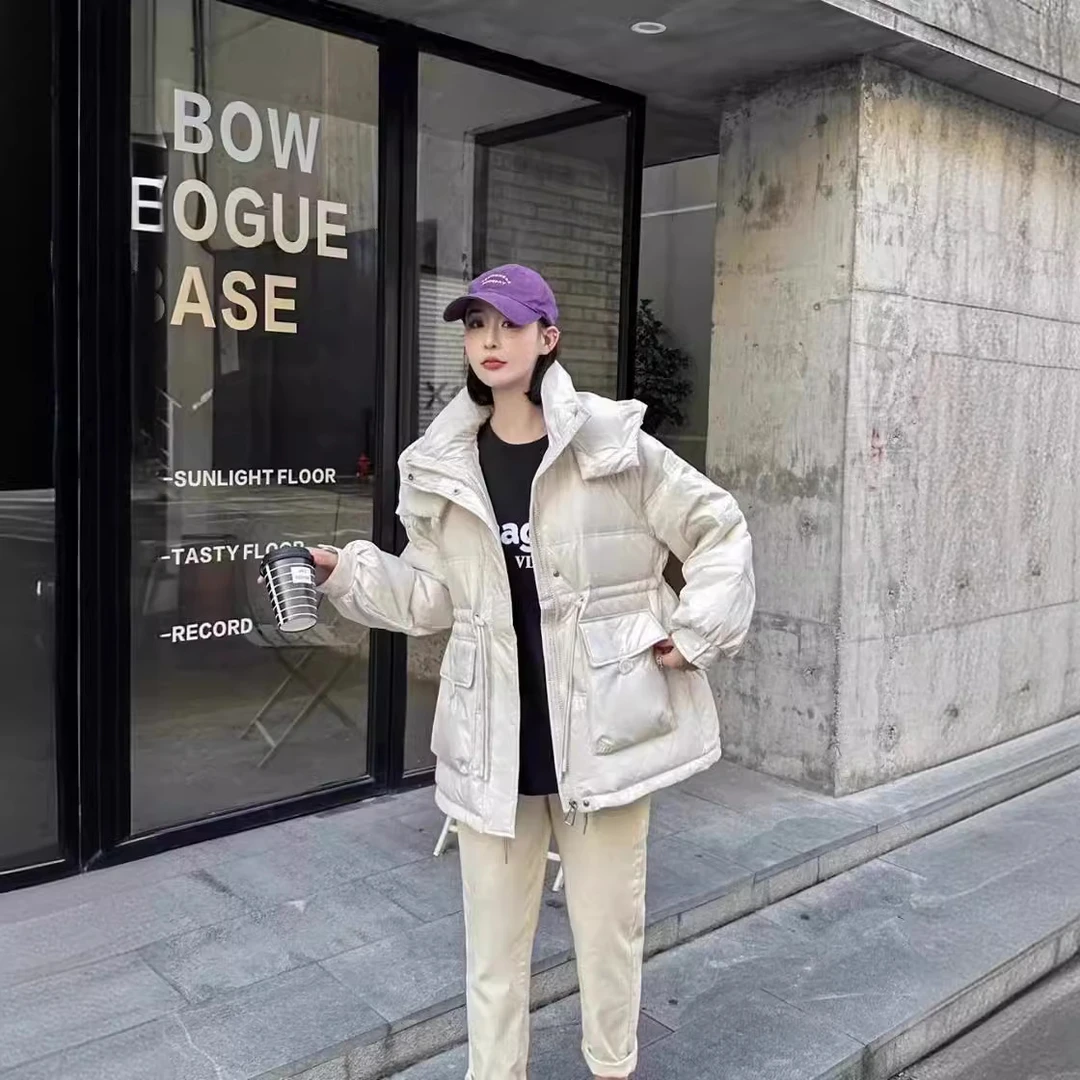 韩版 冬季新款新款服女中长款收腰连帽韩版大口袋面包服加厚外套