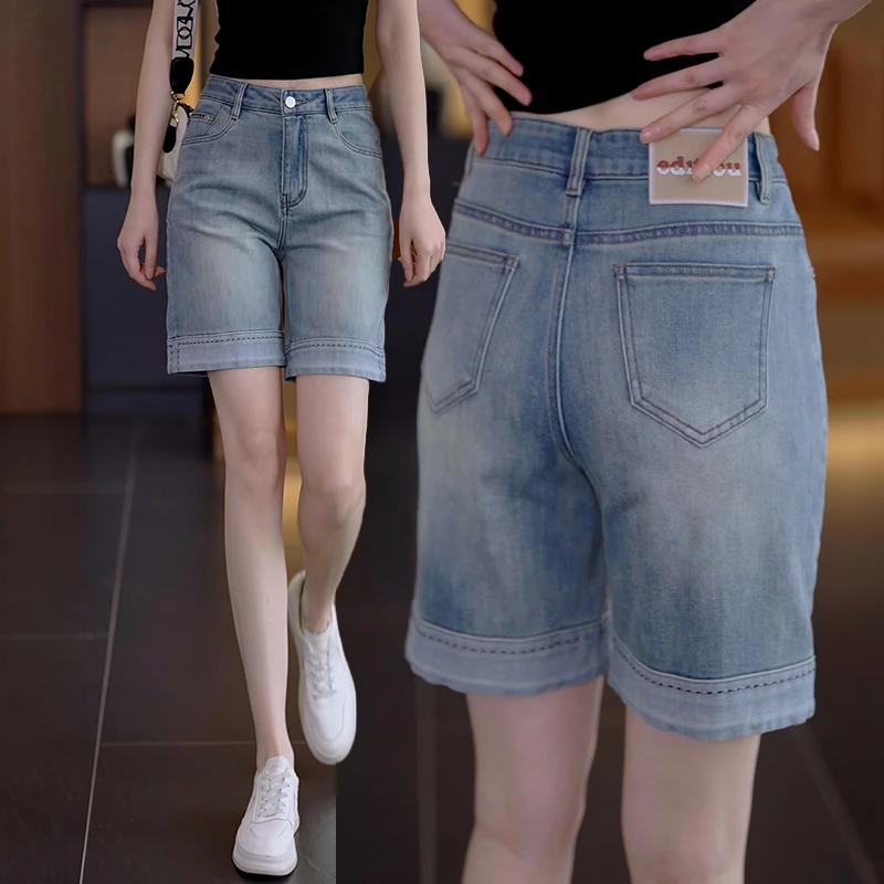 蓝色牛仔短裤女高腰五分裤女百搭显瘦夏裤2025夏季新款百搭热裤子
