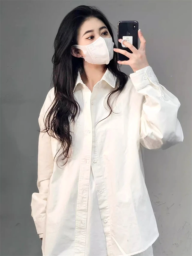 100%纯棉复古港味慵懒风纯色衬衫女春秋款中长简约百搭衬衣外套女