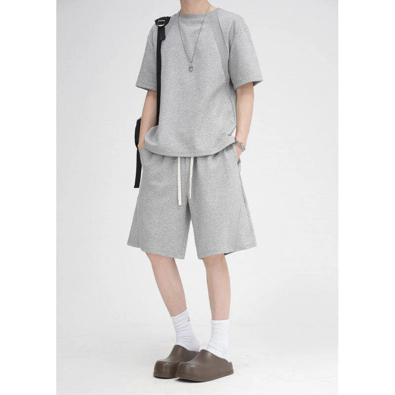 太空棉空气层拼接短袖T恤男女硬挺纯色体恤套装圆领宽松boxy短裤