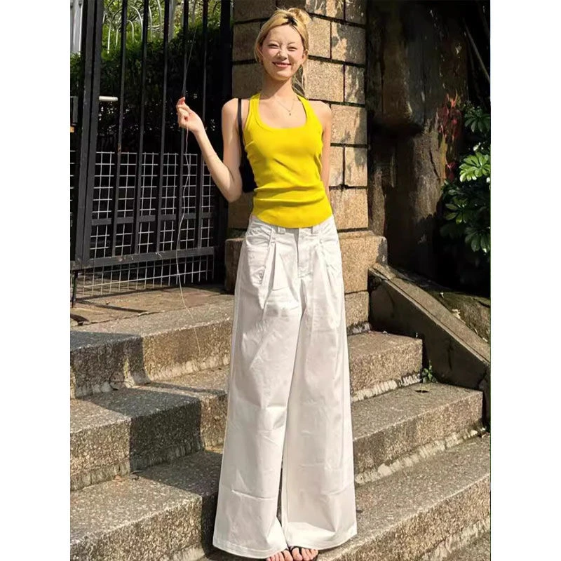 白色针织宽松背心女夏季外穿无袖遮副乳绝美小吊带法式挂脖上衣