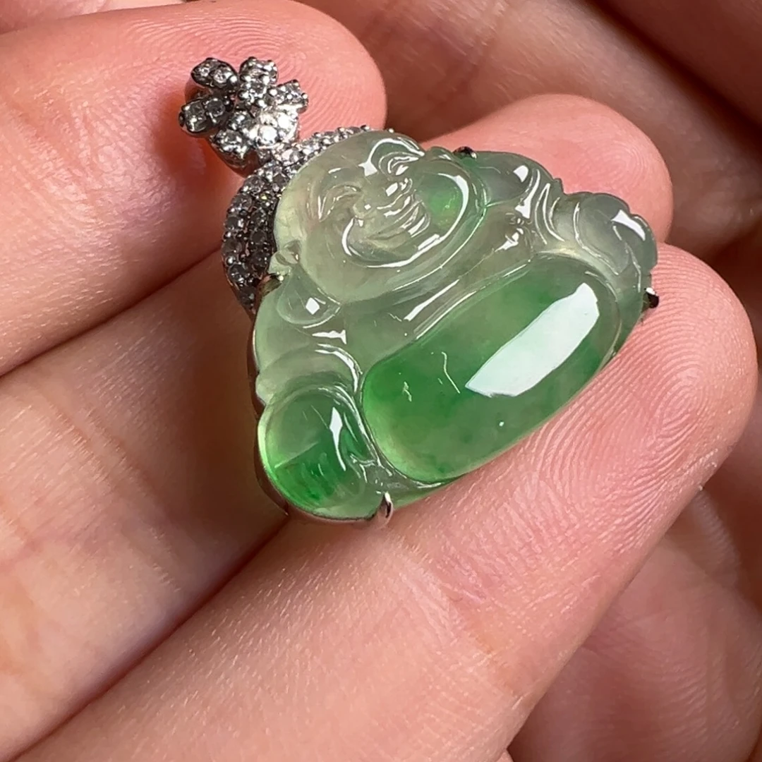 翡翠18K金镶嵌颈饰Y飘绿花佛公