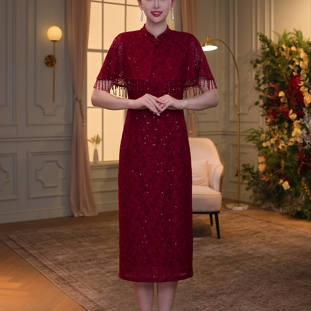 【香妮芬】83291蕾丝连衣裙披肩礼服长裙喜妈妈喜婆婆