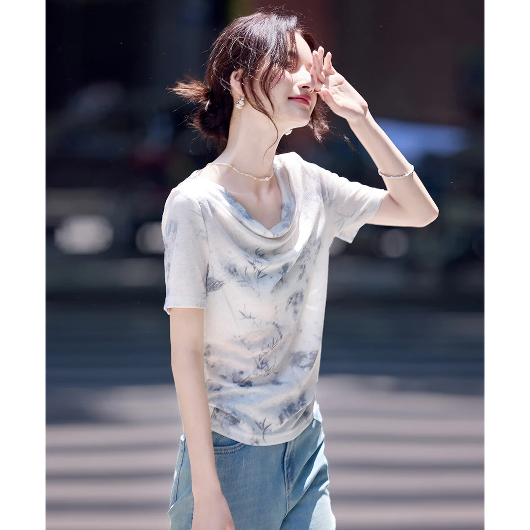 尚静通勤风优雅水墨印花圆领短袖T恤2025夏季新款时尚气质百搭