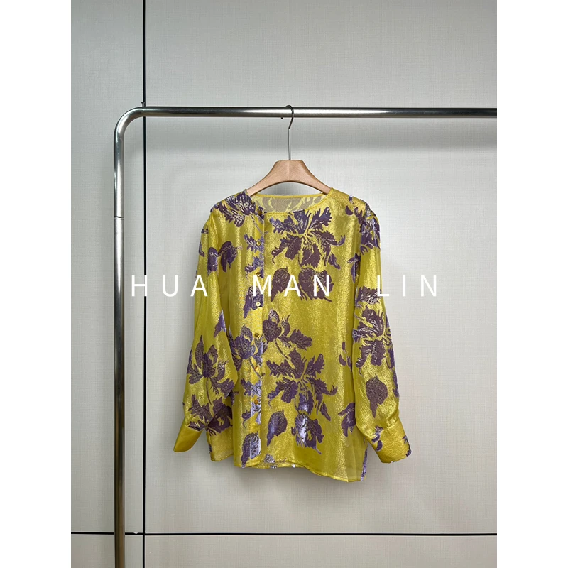 【花滿林】‘紫金烧花’圆领织金桑蚕丝烧花上衣255863