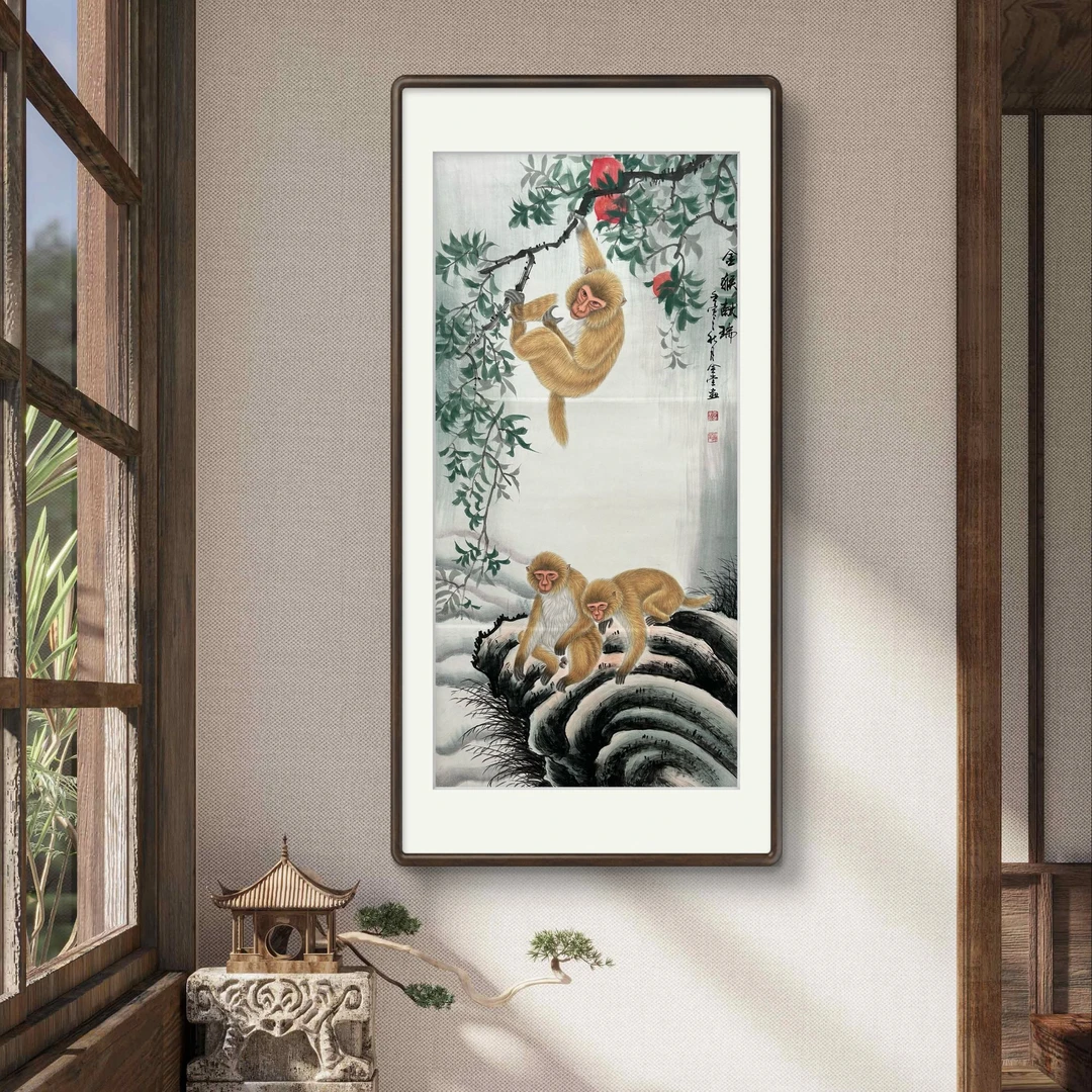 《金猴献瑞》手绘花鸟客厅玄关书画挂画装饰画国画四尺（画芯）
