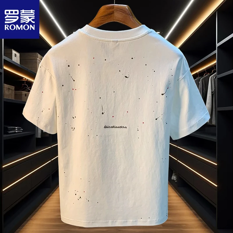 罗蒙潮流泼墨T恤短袖男夏季圆领大码透气汗衫高支高密绣花棉质白t