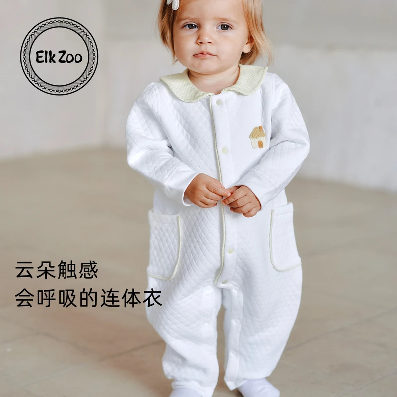 ElkZoo婴儿夹棉连体衣秋冬款宝宝纯棉长袖外出加厚爬服新生儿衣服