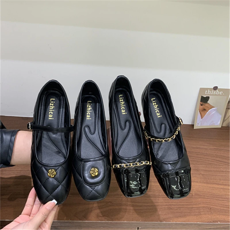 4CM内增高玛丽珍鞋女2025小香风方头金属扣浅口豆豆乐福单鞋瓢鞋