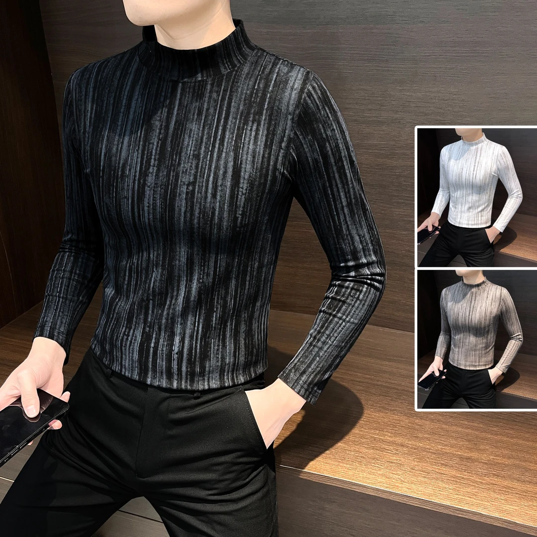 中领男士打底衫秋冬款爆款2025新款渐变条纹痞帅男装男款长袖T恤
