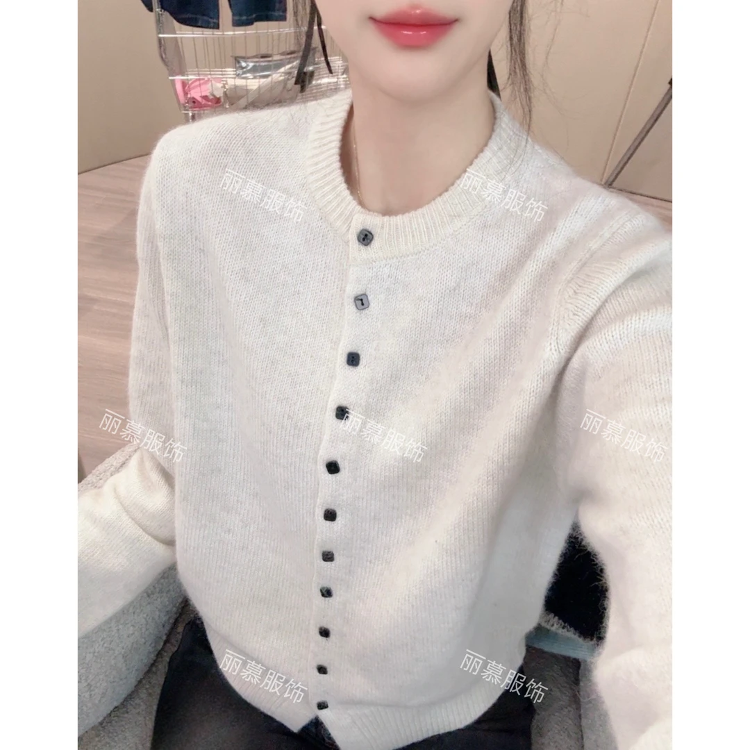 【撞色小方扣】圆领韩版撞色小方块百搭简约针织开衫毛衣女1271