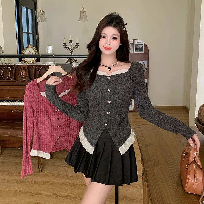 2025春装新款胖mm大码女法式拼接蕾丝边坑条方领别致针织上衣