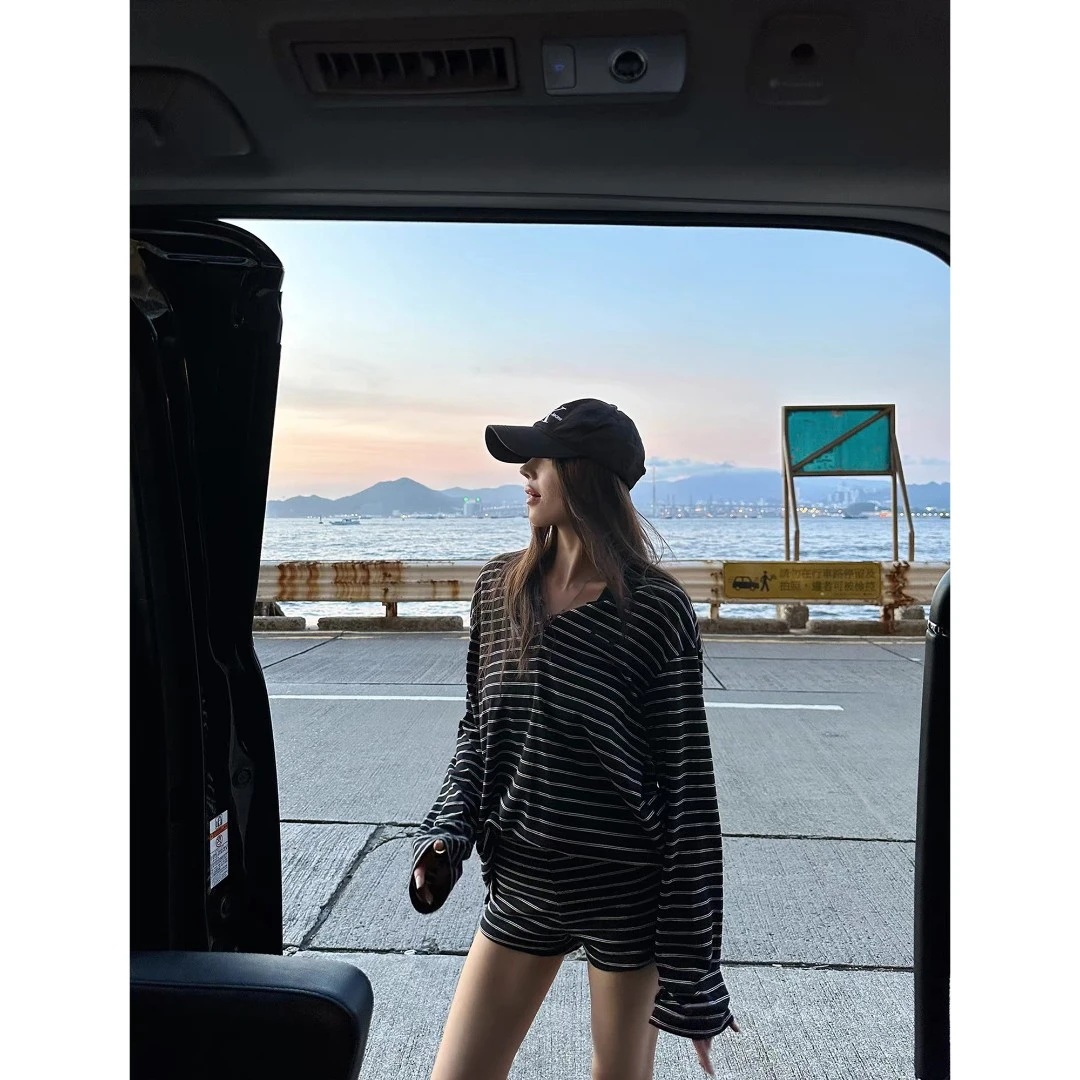 慵懒松驰感显瘦针织条纹polo衫套装C 9126#