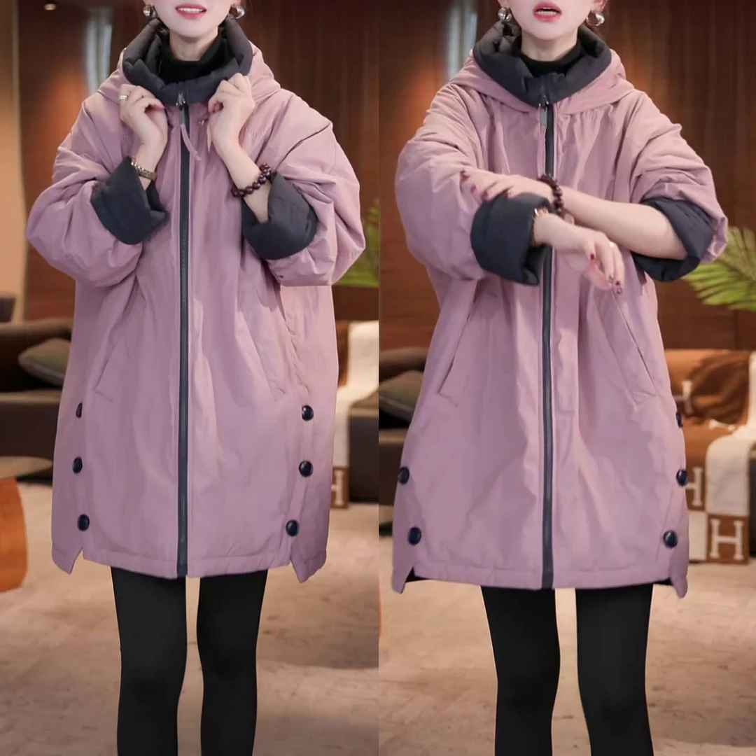 时尚加厚保暖双面穿棉衣冬季新款洋气百搭高档中长款连帽棉服外套