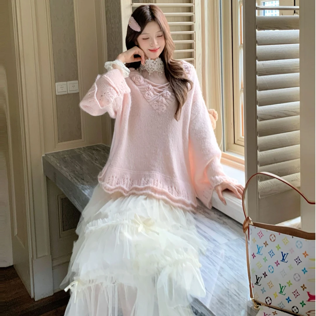 Blovelan雪融轻歌 温柔显白软糯花朵毛衣+仙气网纱蝴蝶结半裙套装