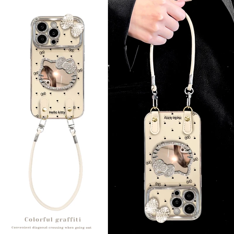 镶钻kt猫镜子适用iPhone16pm手机壳高级感苹果15电镀视窗秒变17