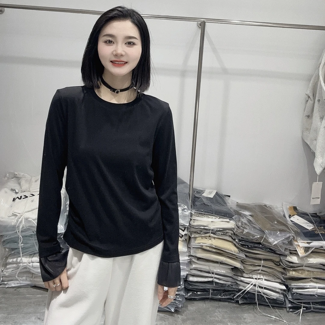 LMM 8869 正品2025早春新款袖口拼接褶皱设计感纯色洋气T恤衫上衣