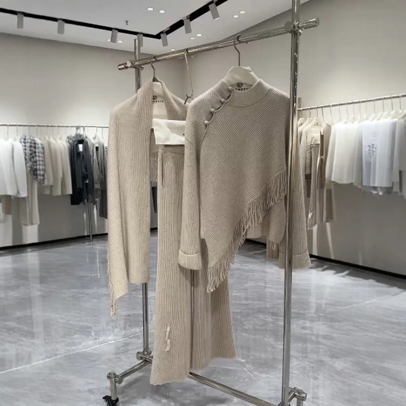 小香风穿搭轻熟风设计感不规则流苏针织毛衣显瘦百搭阔腿裤套装女