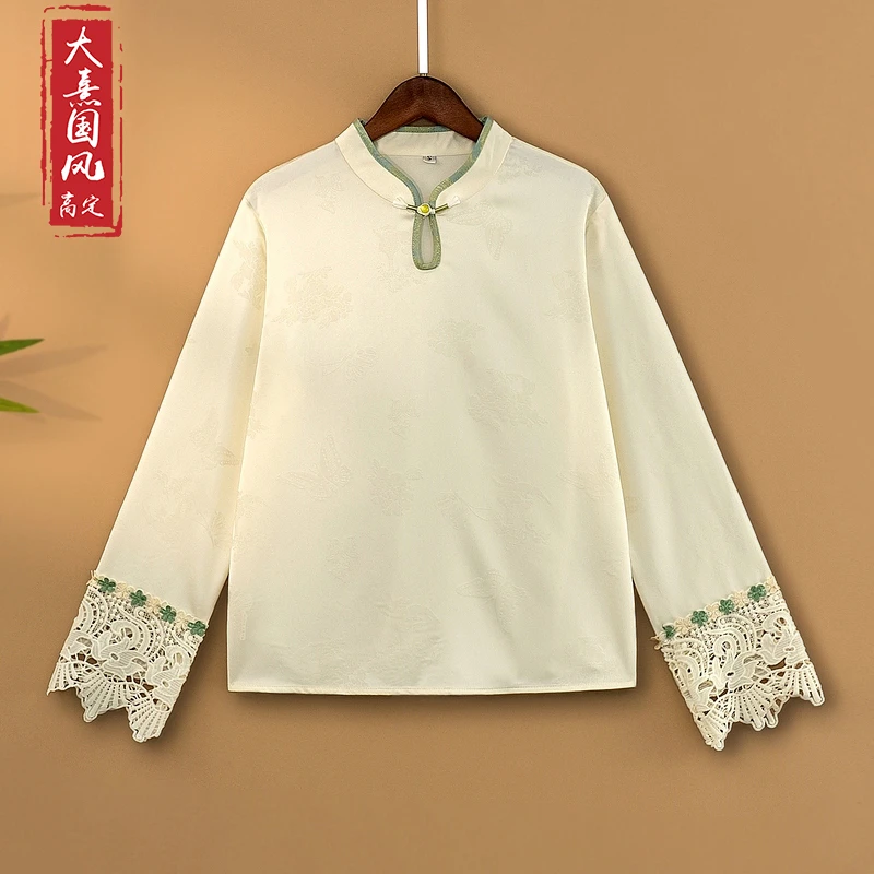 【素青】春季2025新款上衣小衫女装新中式国风立领蕾丝提花长袖衬衫