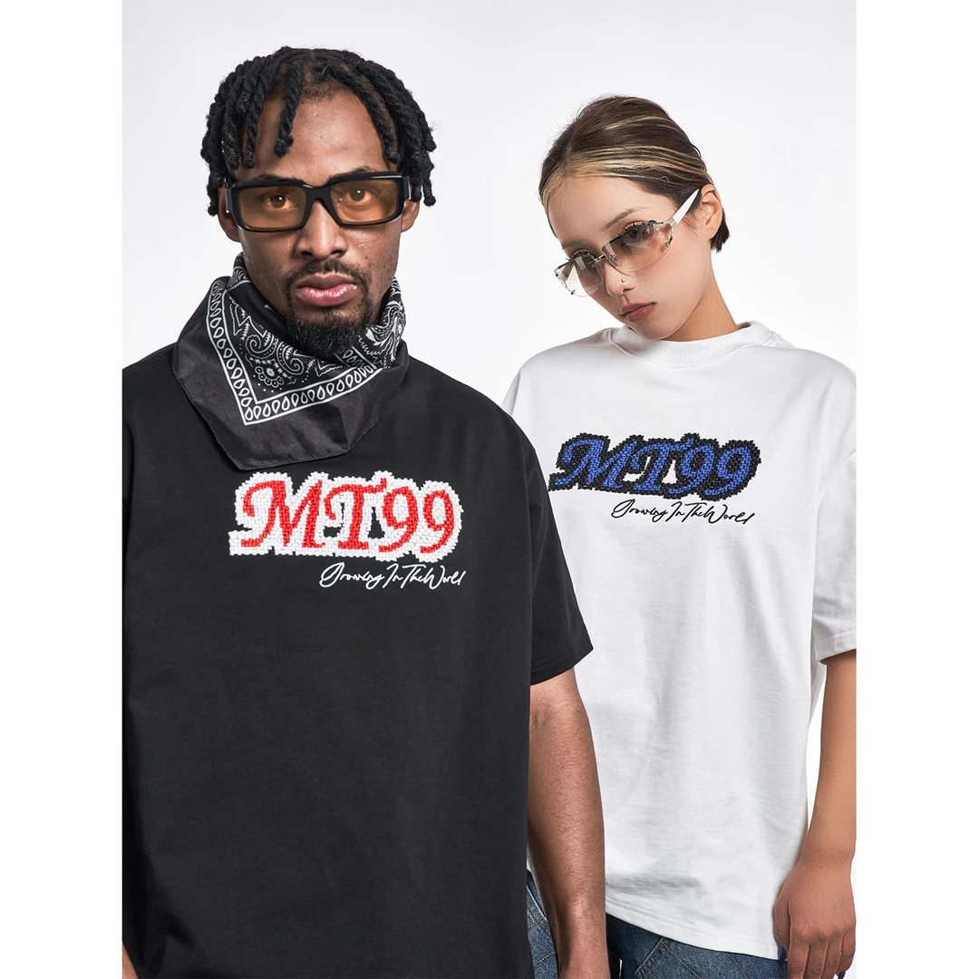 MT99【logo万针刺绣高级感】美式街头潮牌短袖T恤 重磅hiphop半袖男