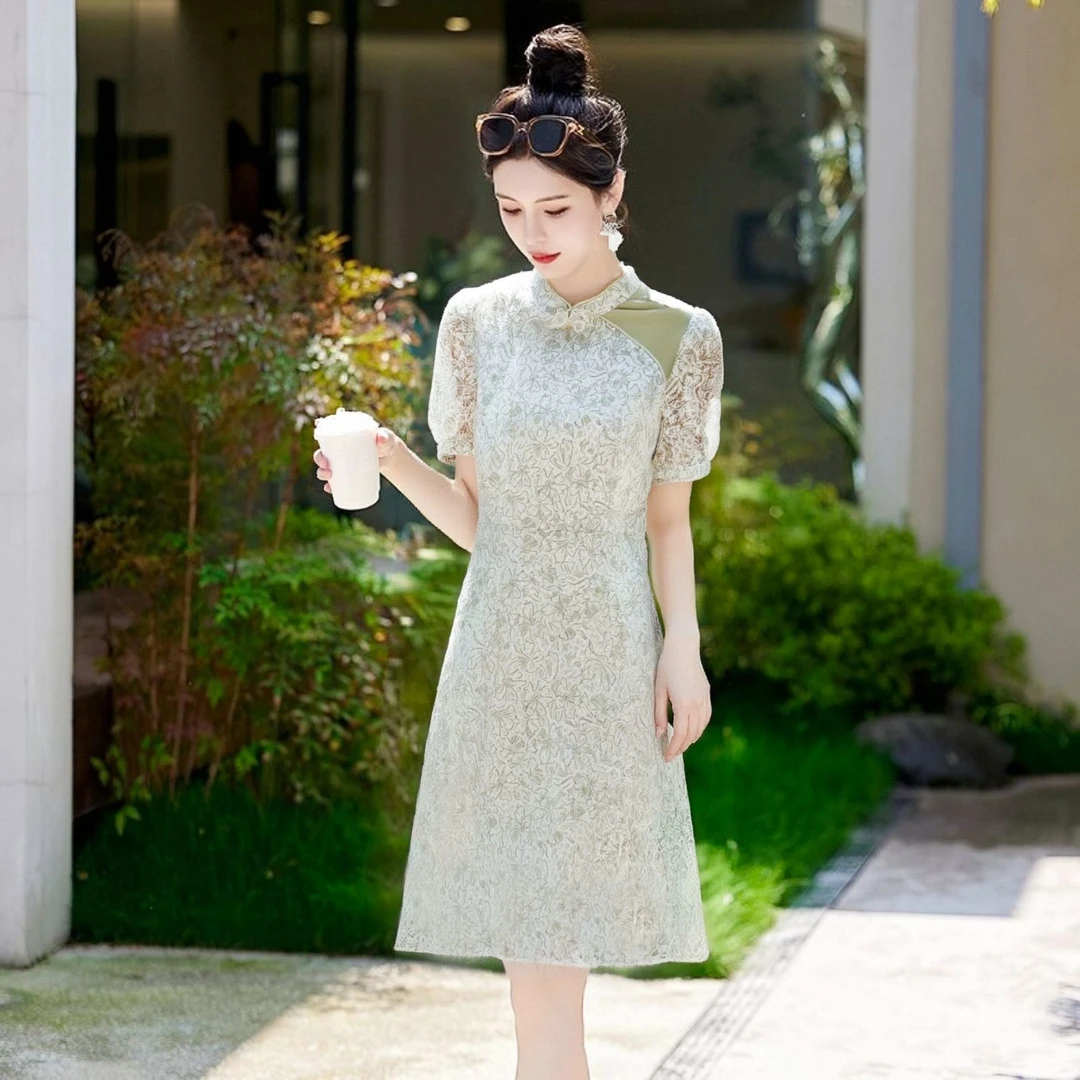 改良旗袍连衣裙女2025夏季新款高级感修身显瘦气质短袖蕾丝裙