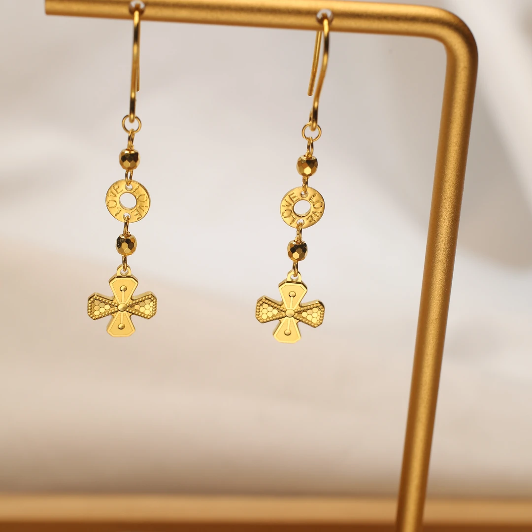 Pt950铂金黄圆盘四叶草圆珠时尚轻奢耳钩