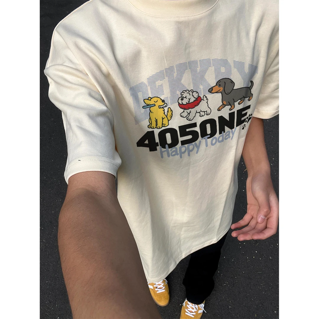 100%纯棉美式简约字母狗狗印花短袖t恤男女休闲夏季宽松情侣上衣