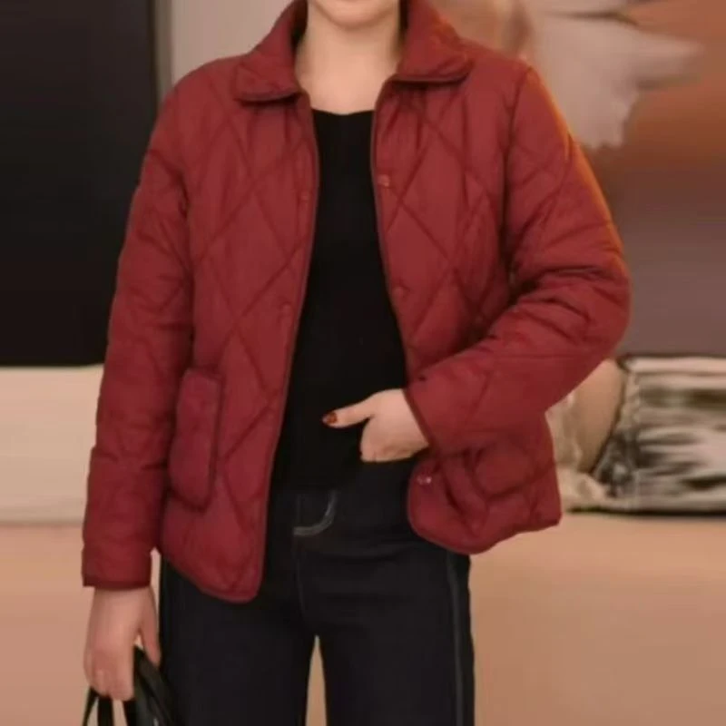 女士翻领麦棉服2025短款菱形格薄款夹棉秋冬外套棉衣