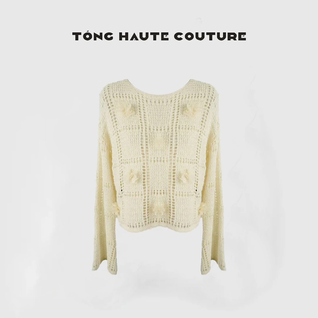 【山涧】25年早春轻奢法式立体花镂空针织宽松亚麻针织衫YY166