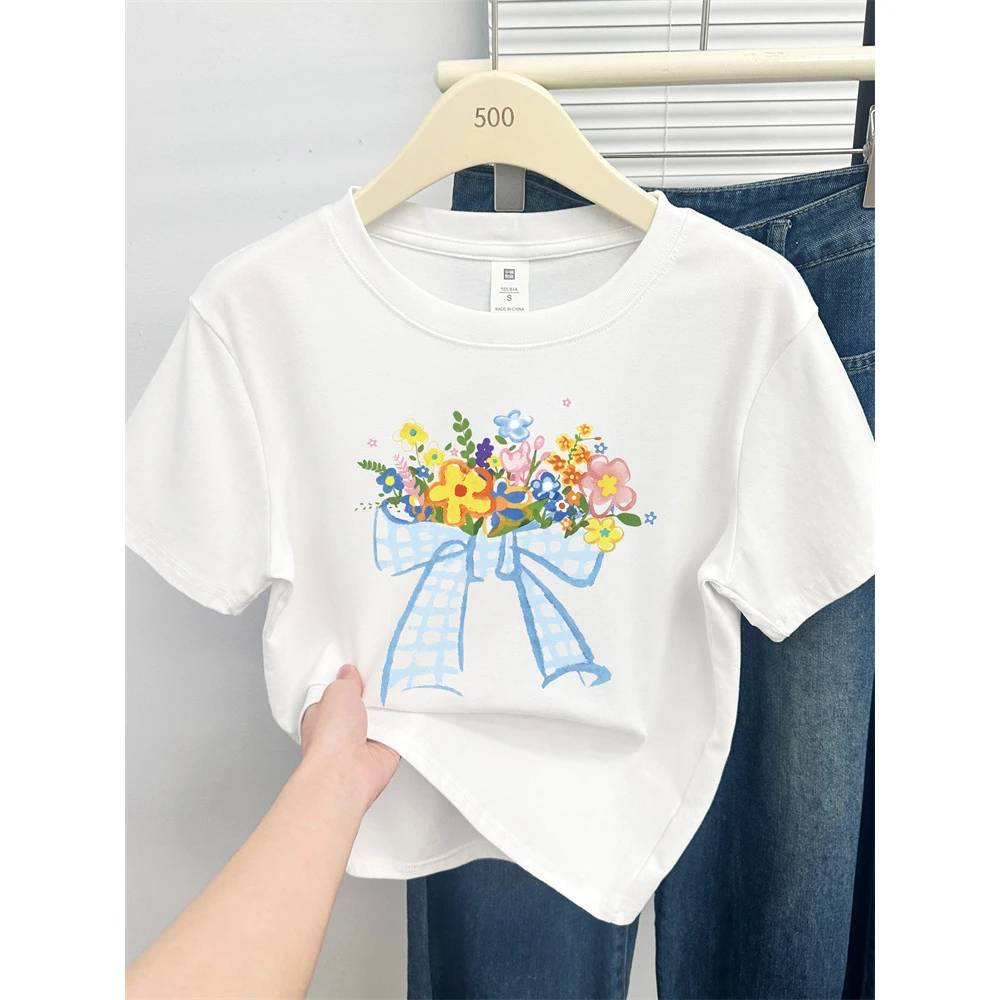 时尚花卉印花正肩短袖T恤女2025夏季新款大码圆领正肩半袖上衣服
