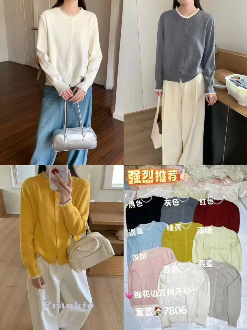 WTT-7806新款洋气蕾丝边圆领长袖针织衫毛衣