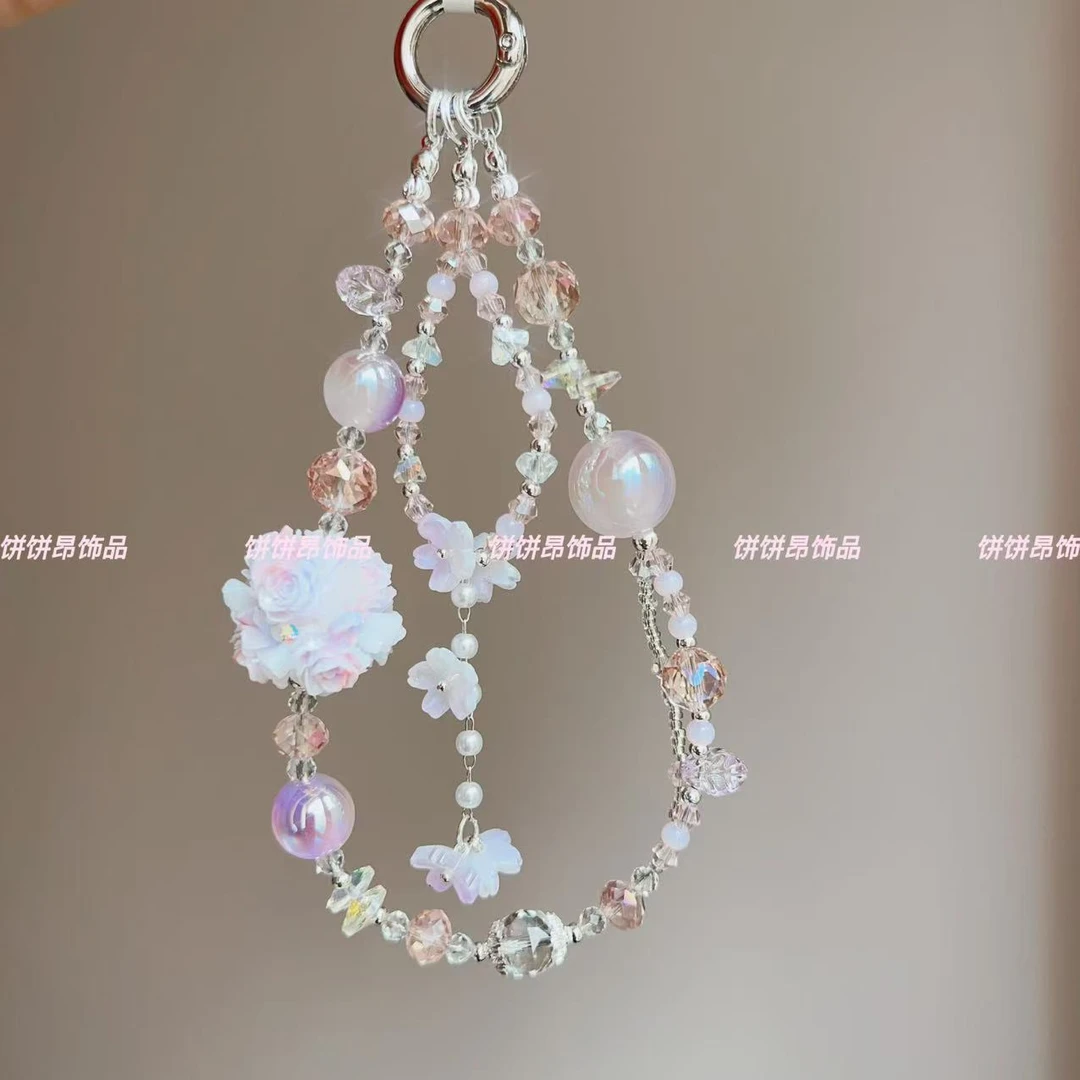 夏日爆款粉紫花球时尚通用爆闪斜背手机链个性网红饼饼昂饰品