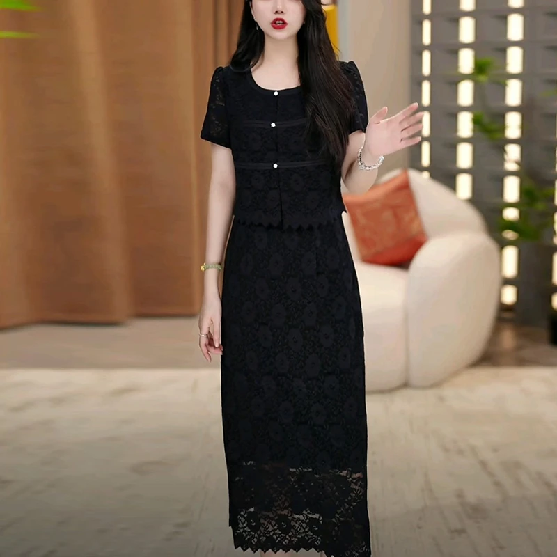 轻奢气质夏季黑色蕾丝短袖裙子女款爆款新款高级感洋气显瘦连衣裙