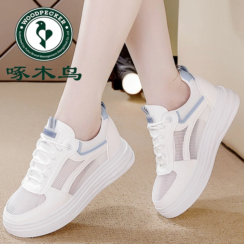 啄木鸟内增高网面透气板鞋女2025年夏季新款百搭休闲薄款小白鞋子