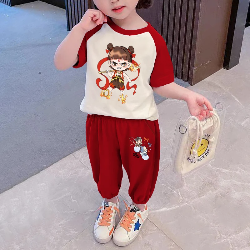 哪吒魔童闹海短袖纯棉套装儿童2025夏季新款男女童运动休闲两件套