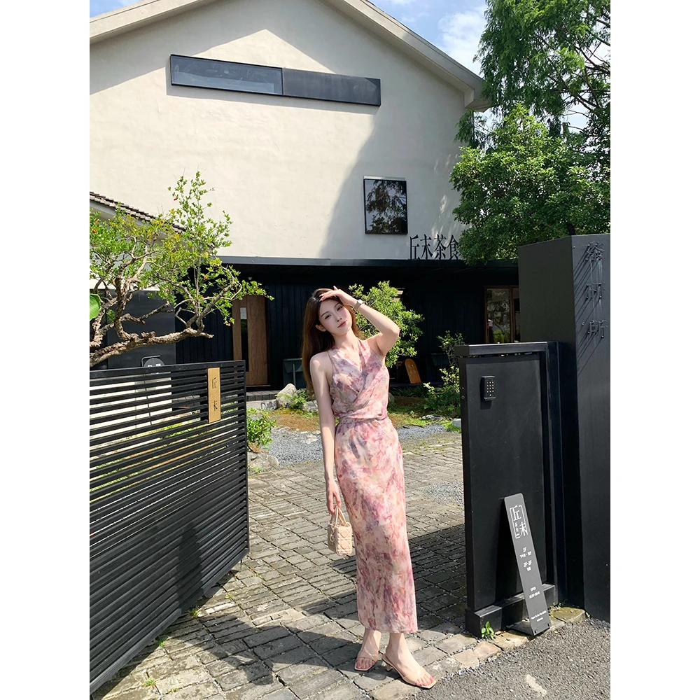 Breezy Z【江烟春色】法式碎花气质收腰夏季挂脖连衣裙女 BZ5KSL13