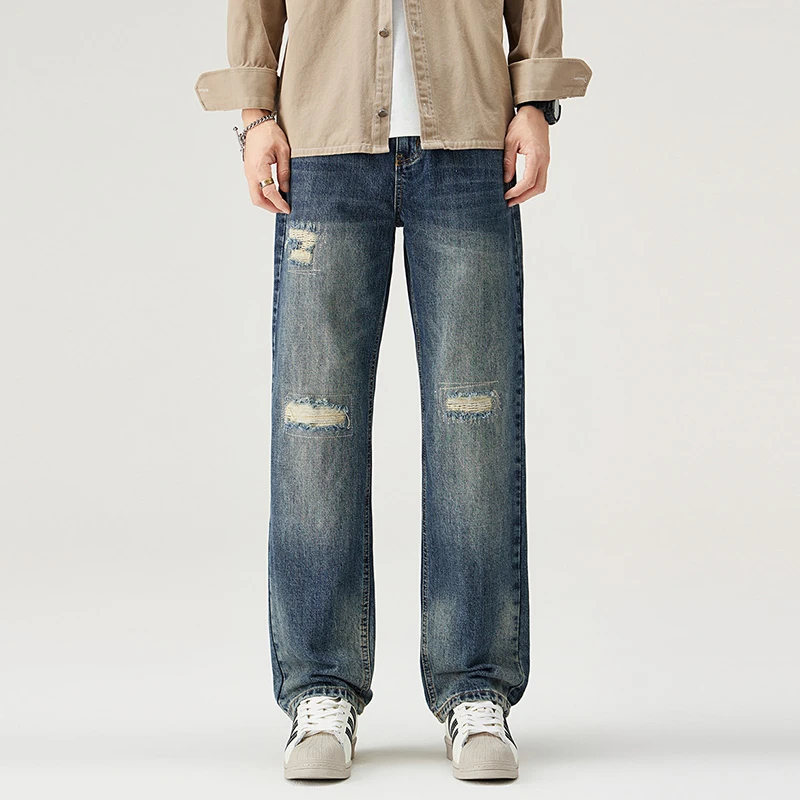 GS春秋季美式破洞牛仔裤男时尚潮牌复古做旧宽松直筒阔腿高街长裤