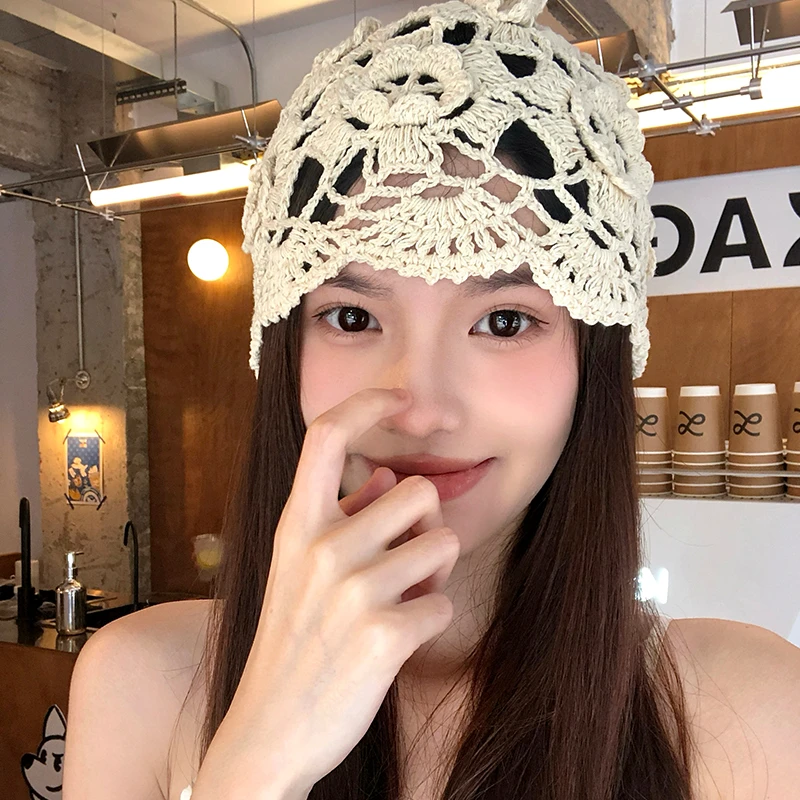 春夏薄款镂空手工钩花针织帽女时尚百搭包头帽可爱头巾帽堆堆帽子