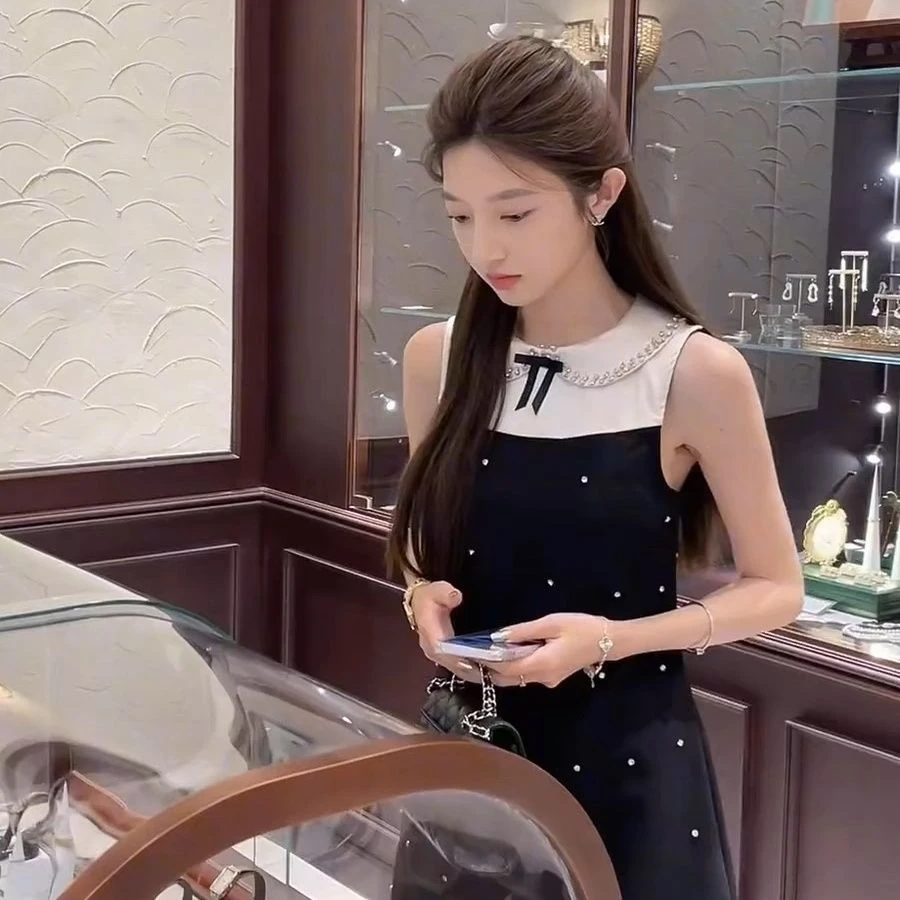 小香风连衣裙女夏高级感法式气质小黑裙娃娃领千金感生日短裙子