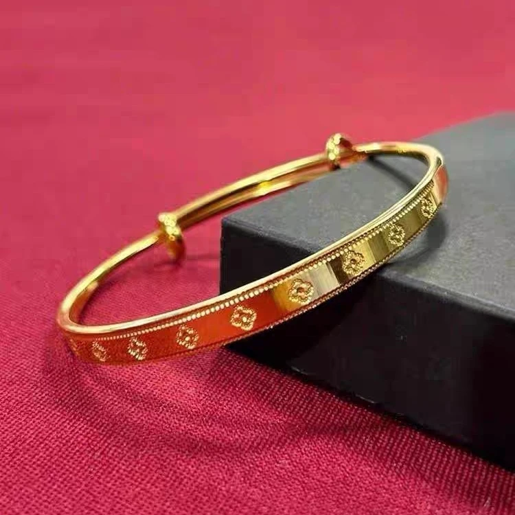 光面推拉活口可调节经典四叶草花纹手镯环金色首饰品520礼物