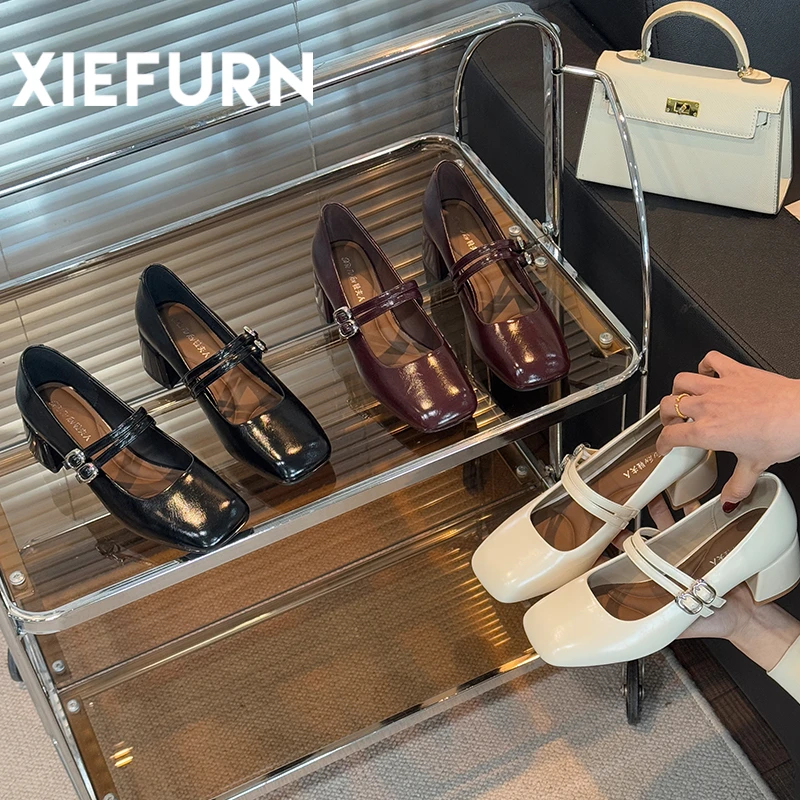 XIEFURN/鞋夫人不累脚玛丽珍鞋女2025新款气质粗跟鞋浅口高跟单鞋