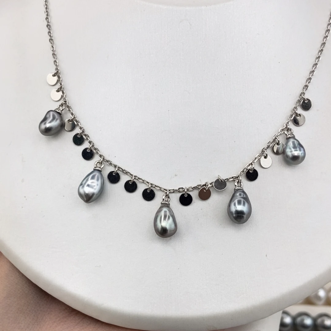 银S925镶嵌海水珍珠项链铂金灰keshi项链