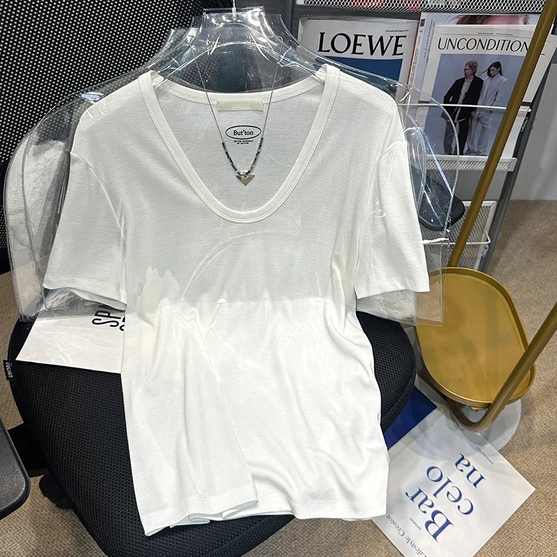 大U领短袖T恤女2025年夏季慵懒风洋气宽松休闲百搭气质莫代尔上衣