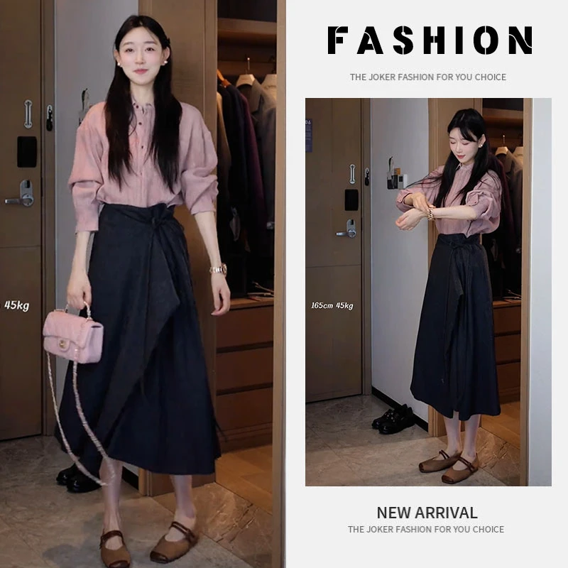 早春一整套女装2025新款氛围感粉色衬衫外套高腰不规则半裙两件套