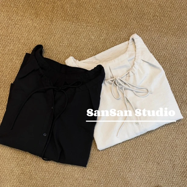 SanSan家 泡泡袖宽松简约圆领衬衫