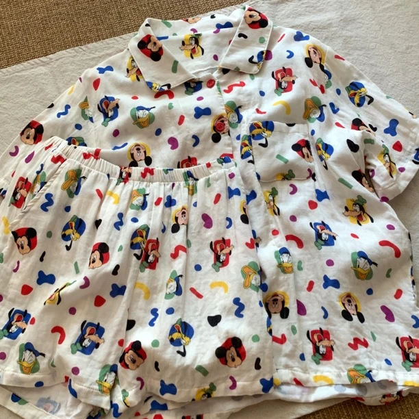 【白底米奇】A类全棉有氧双层纱 小翻领 短袖短裤睡衣家居服女卡通
