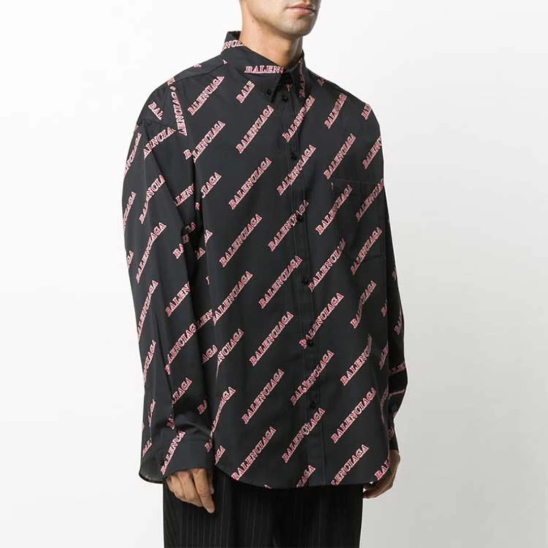 99新 Balenciaga/巴黎世家 4586/黑色Logo字母满印长袖衬衫/40码