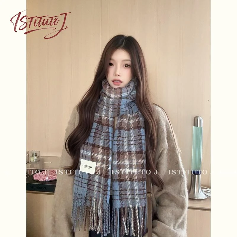 同款秋冬新款韩版百搭网红奶油情侣保暖红色千鸟格围巾围巾围脖