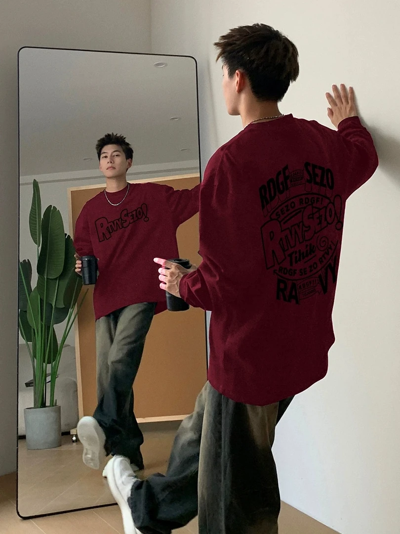 秋冬长袖纯棉高街重磅潮牌T恤百搭休闲宽松男生圆领i美式打底衫