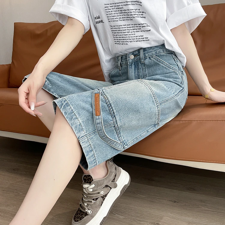 梦冷7分牛仔短裤女2025夏宽松直筒阔腿多口袋工装裤六分七分中裤